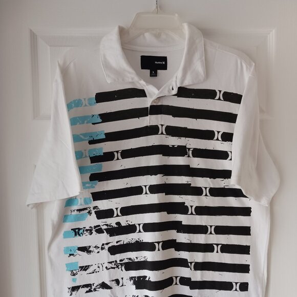 Hurly Mens Short Sleeve Polo Shirt White Black Graphic Size Large 100% Cotton - Picture 1 of 7